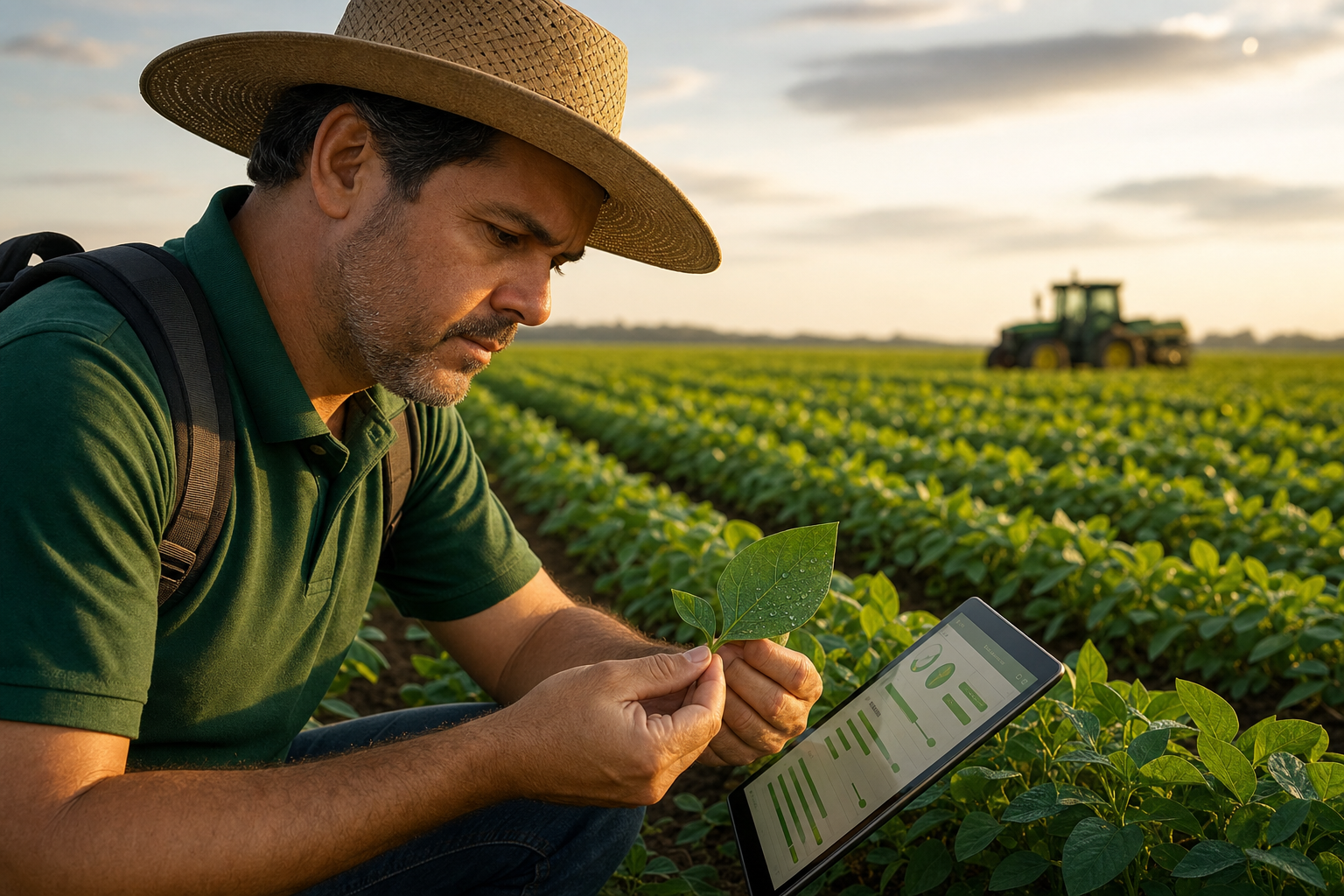 Agrônomo em visita técnica examinando folha de soja com tablet do Keeper